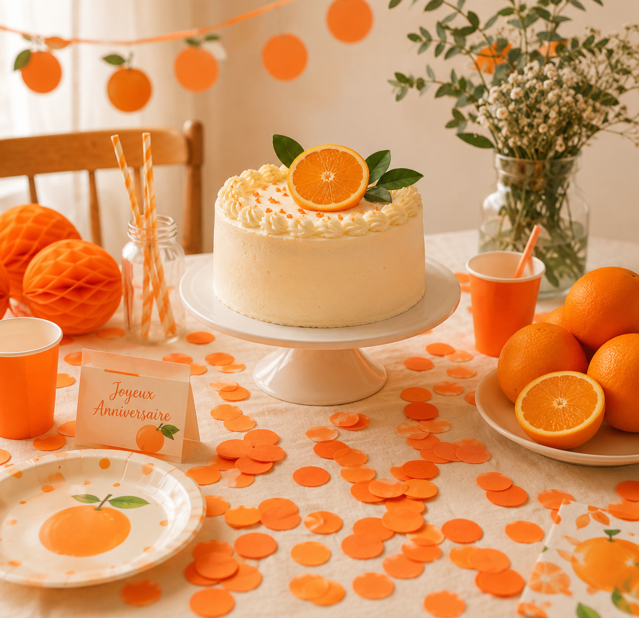 confettis orange table avec gateau fruit orange assiette thematique