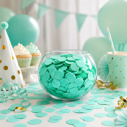 confettis papier soie turquoise bocal verre decoration table cupcakes
