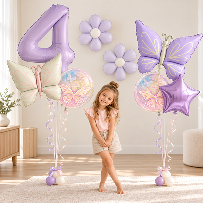 filette bouquet helium ballons anniversaire papillon mat chiffre 4ans