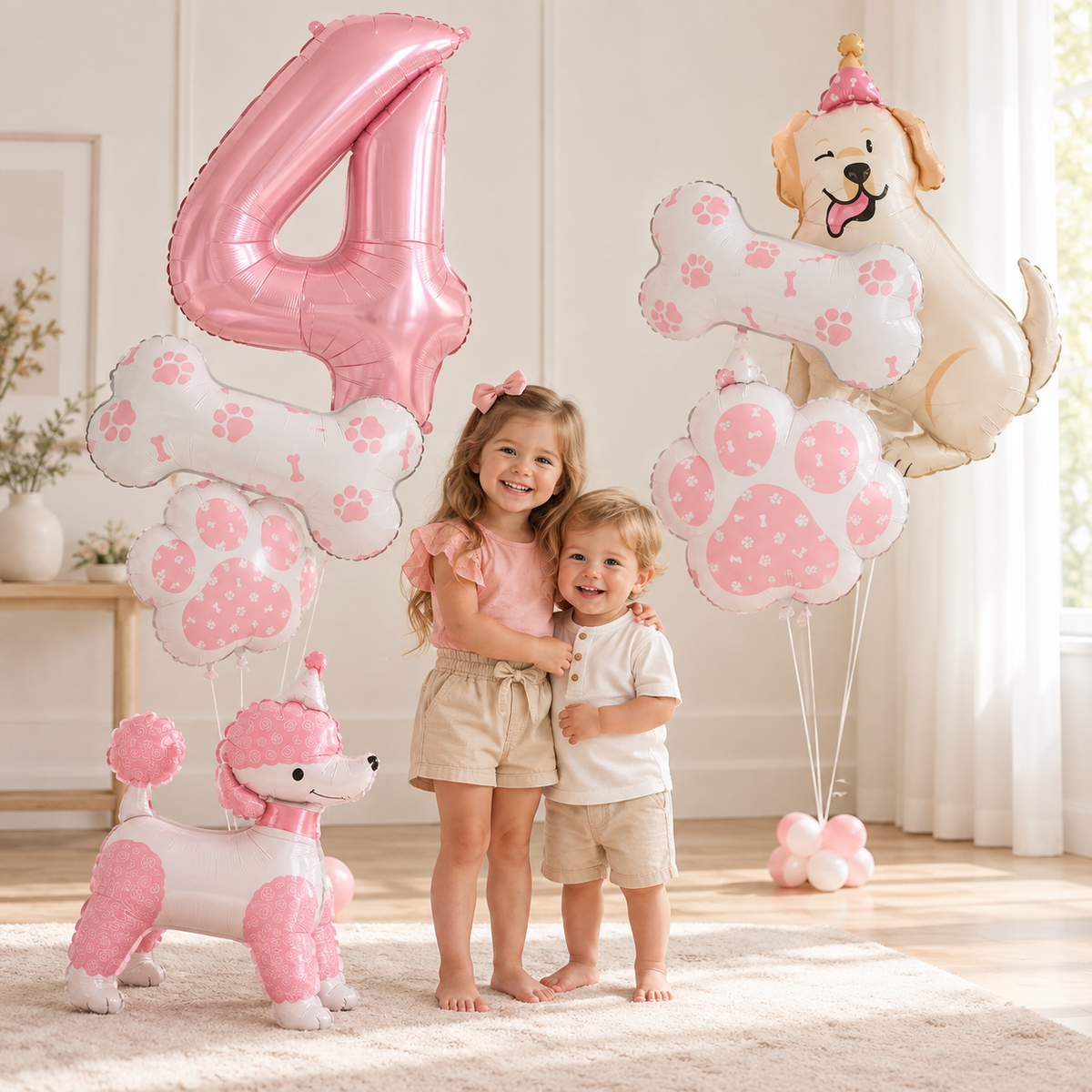 filettes souriantes ballons anniversaire chien rose chiffre 4ans