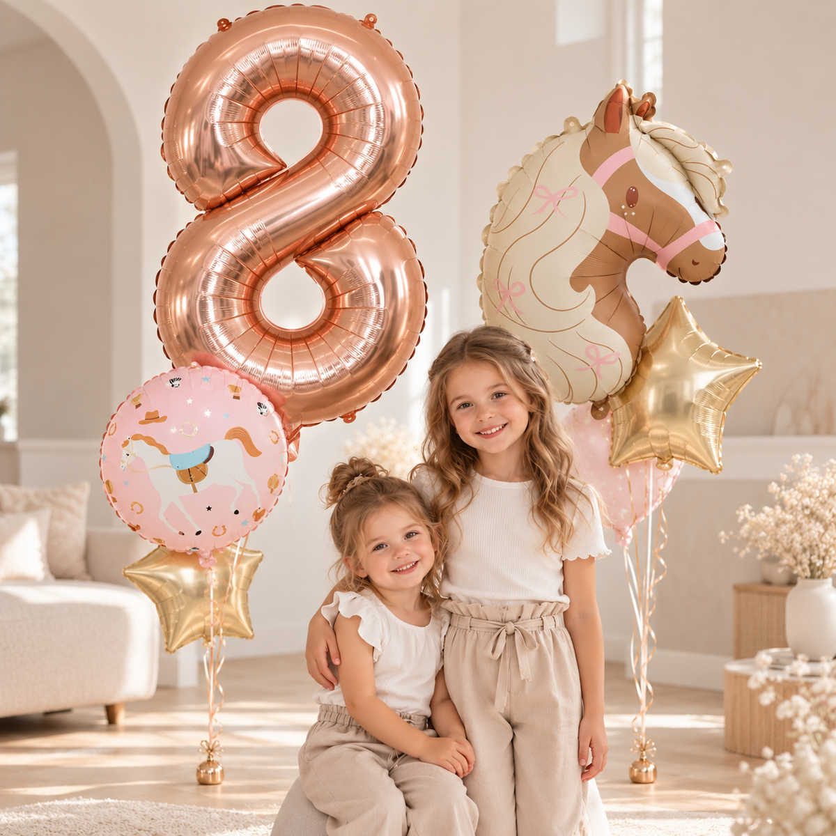 filettes souriantes bouquet helium ballons anniversaire cheval chiffre 8 ans