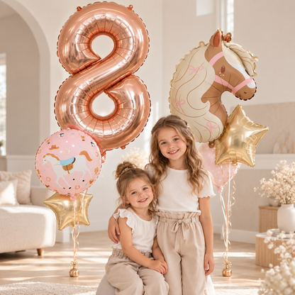 filettes souriantes bouquet helium ballons anniversaire cheval chiffre 8 ans