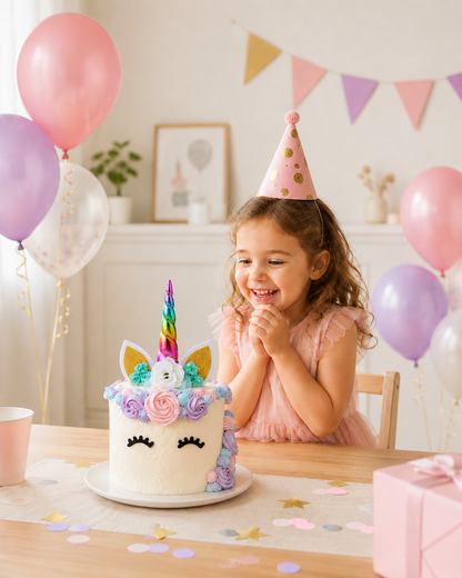 fillette anniversaire gateau cake topper licorne ballons chapeau anniversaire banderole