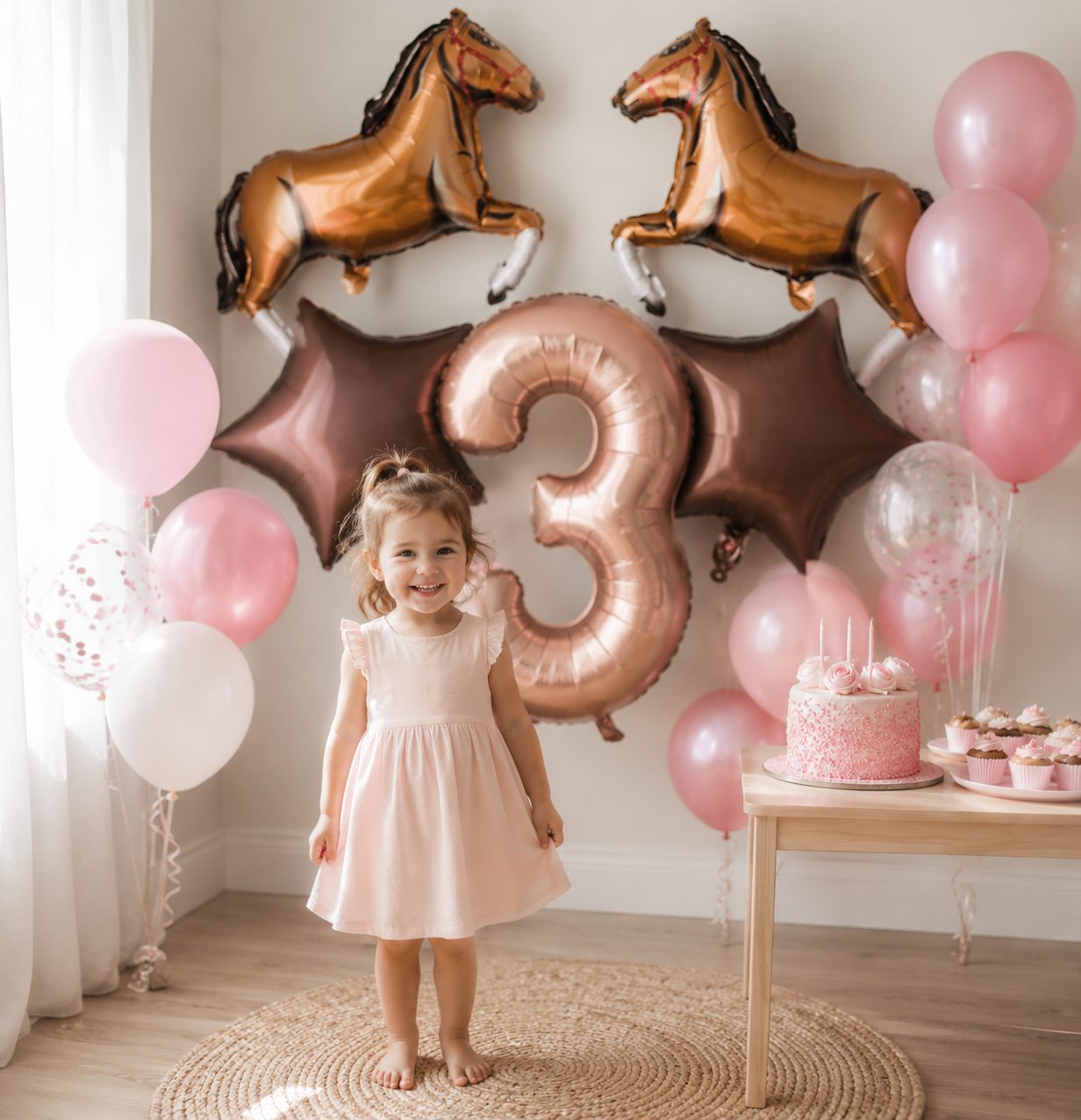 fillette avec ballon anniversaire cheval 3ans gateau cupcakes ballons