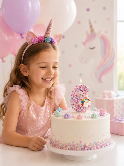 fillette avec gateau bougie anniversaire 6 licorne paillette ballons bandeau licorne
