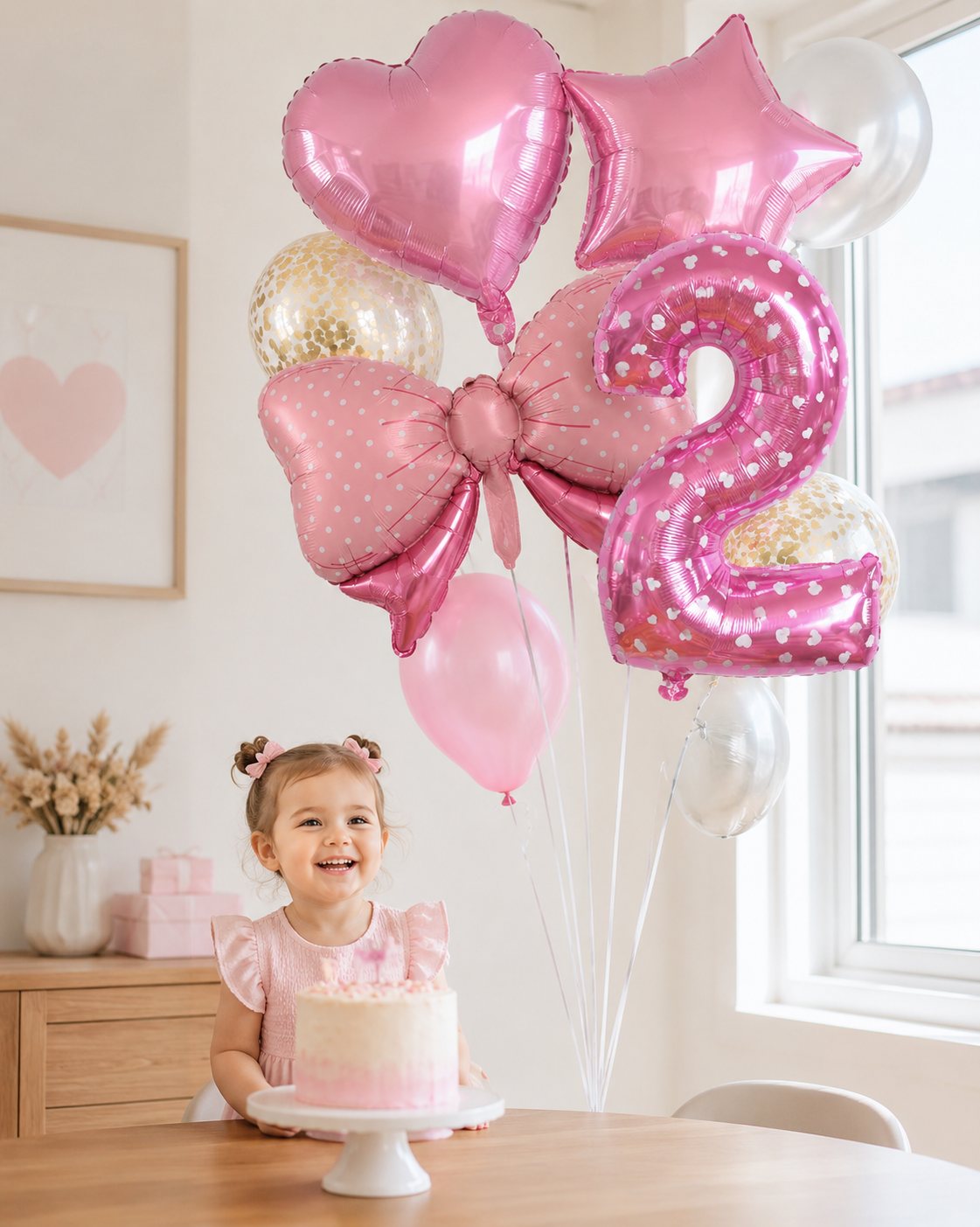 fillette ballon anniversaire chiffre deux boucle picot coeur etoile gateau