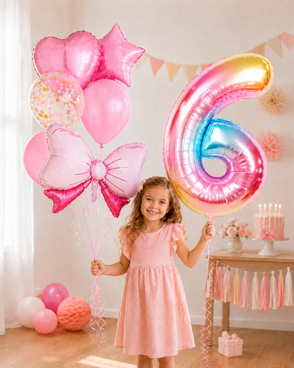 fillette ballon anniversaire chiffre six multicolor boucle helium salon gateau rose