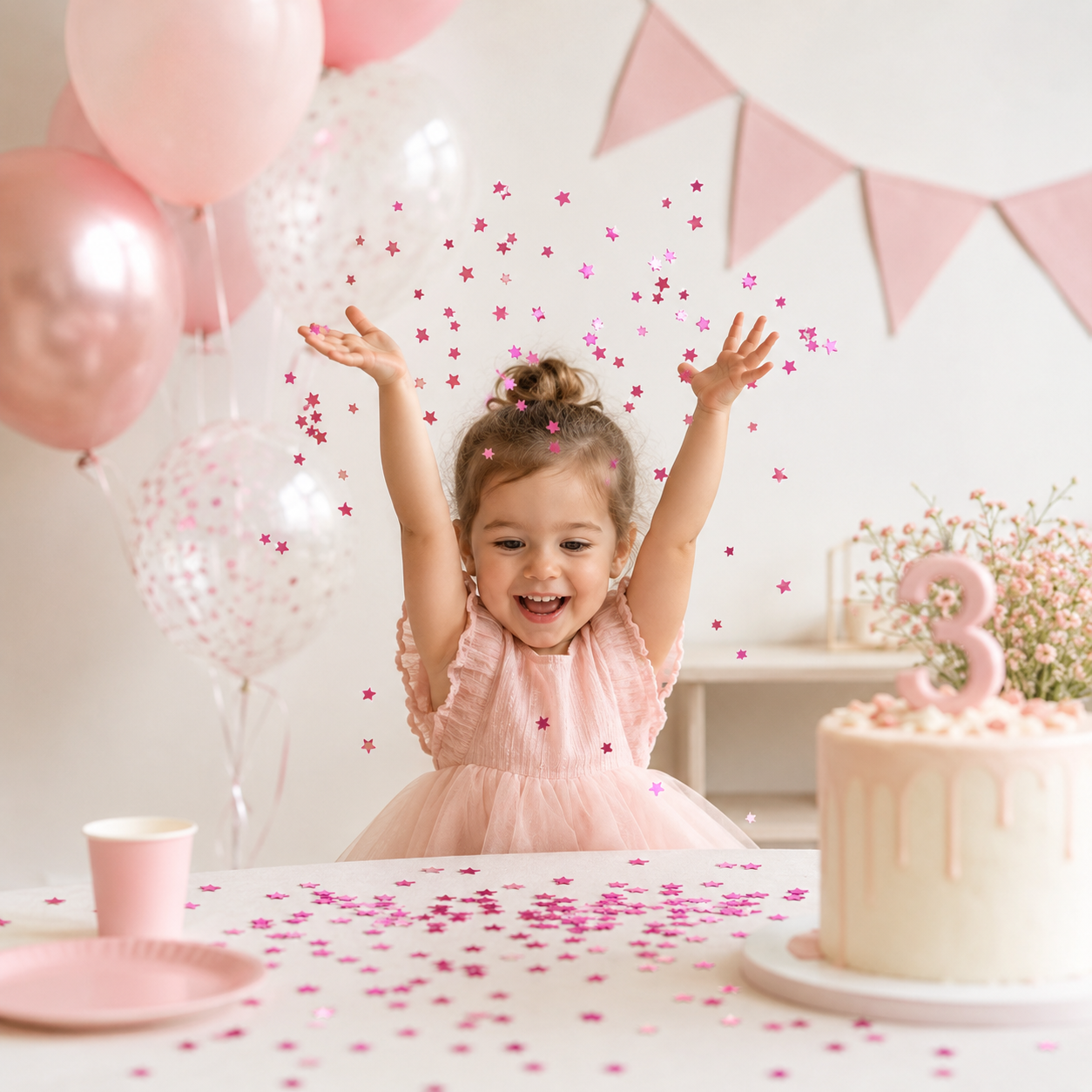 fillette confetti brillants etoiles rose anniversaire 3ans gateau ballons banderole