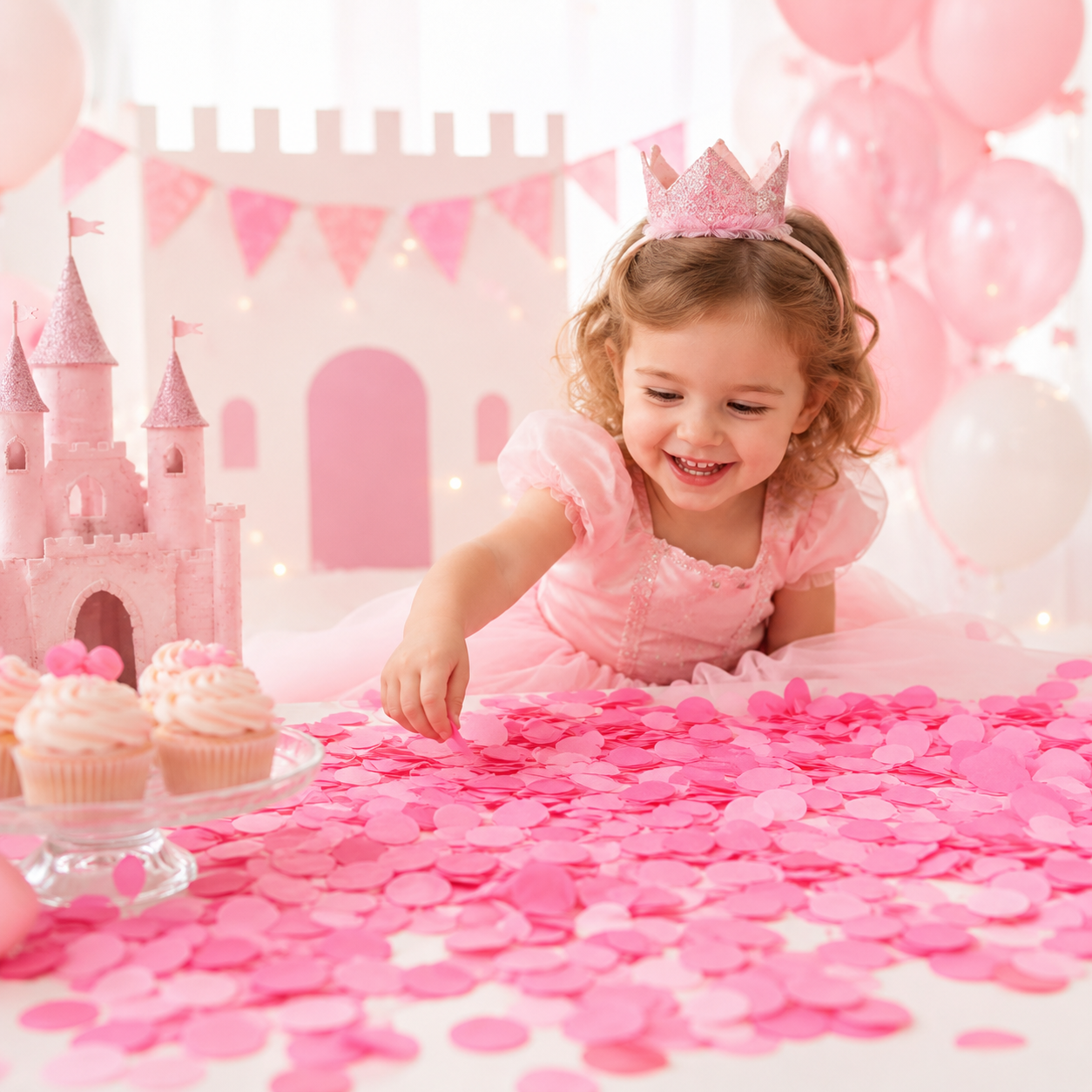 fillette confettis rose chateau princesse ballons cupcakes