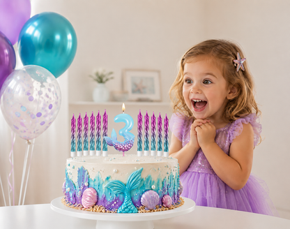 fillette emerveillee gateau bougie anniversaire sirene 3 ballons mauve bleu