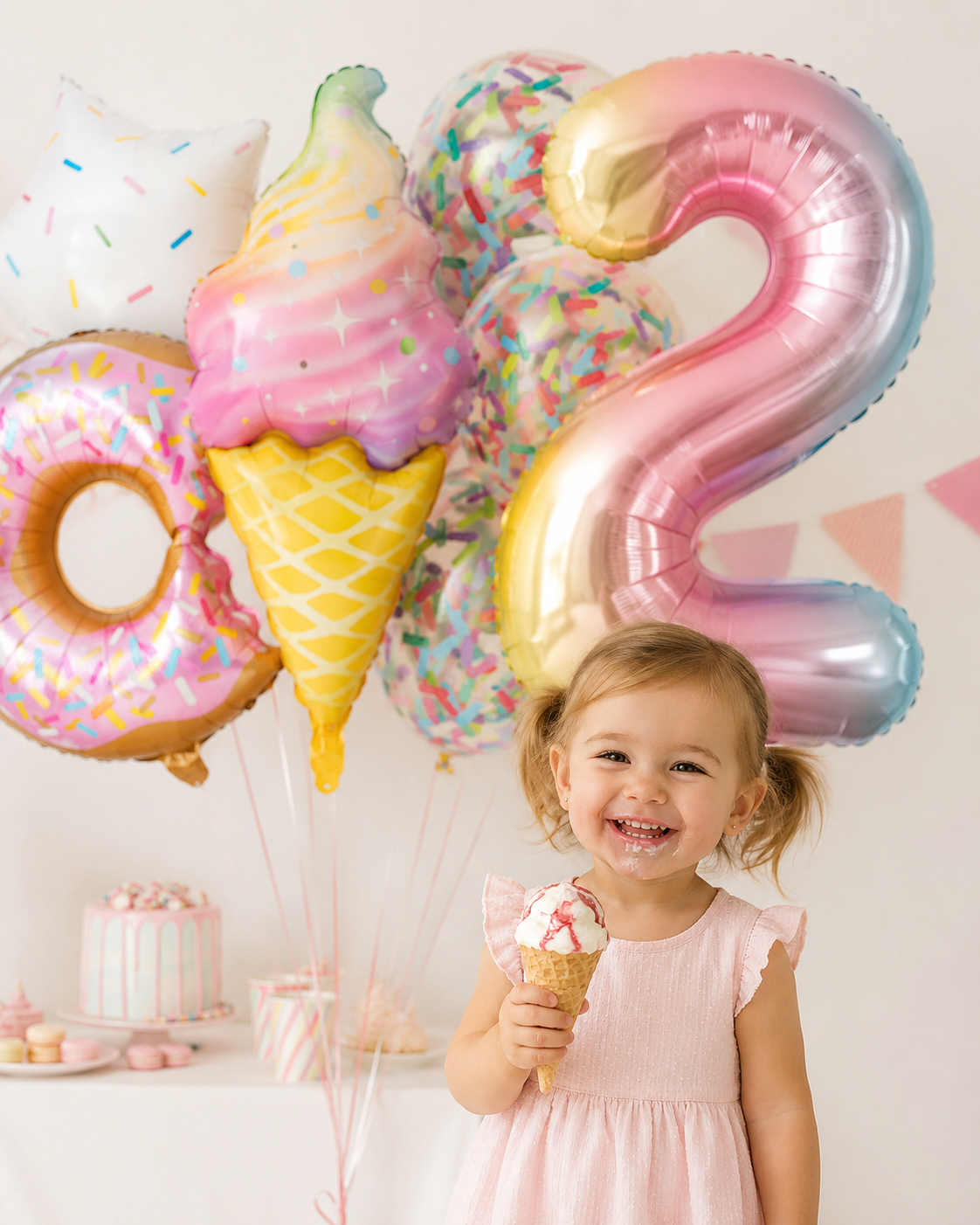 fillette mange cornet creme glacee ballon anniversaire confetti chiffre deux