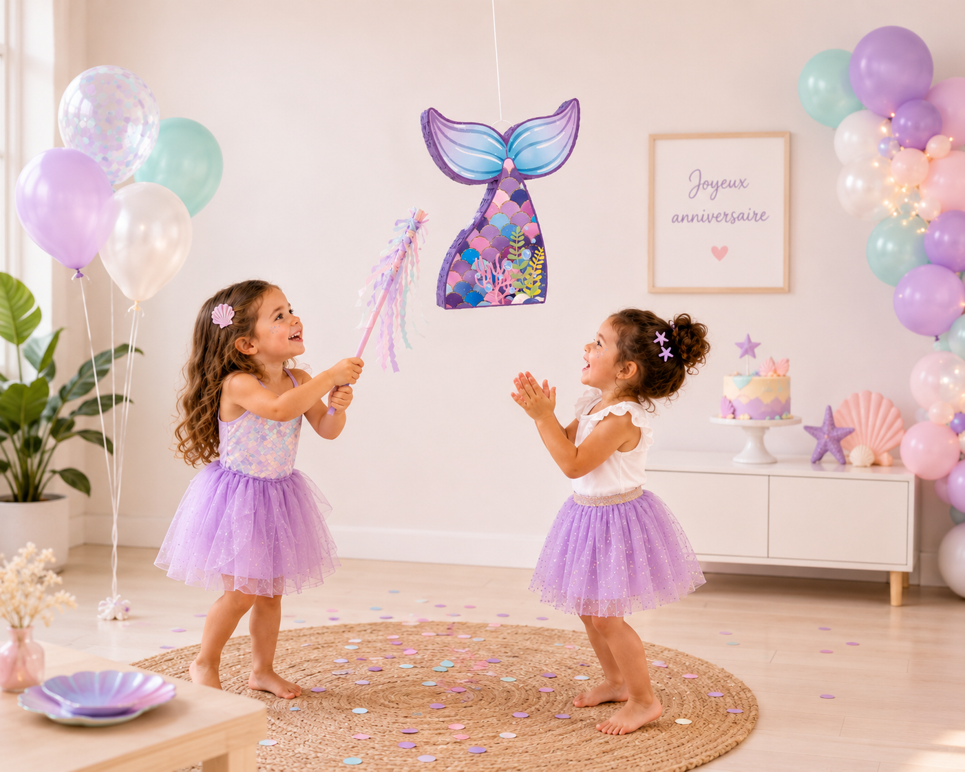 fillettes avec pinata queue sirene baton dans salon ballon paillette