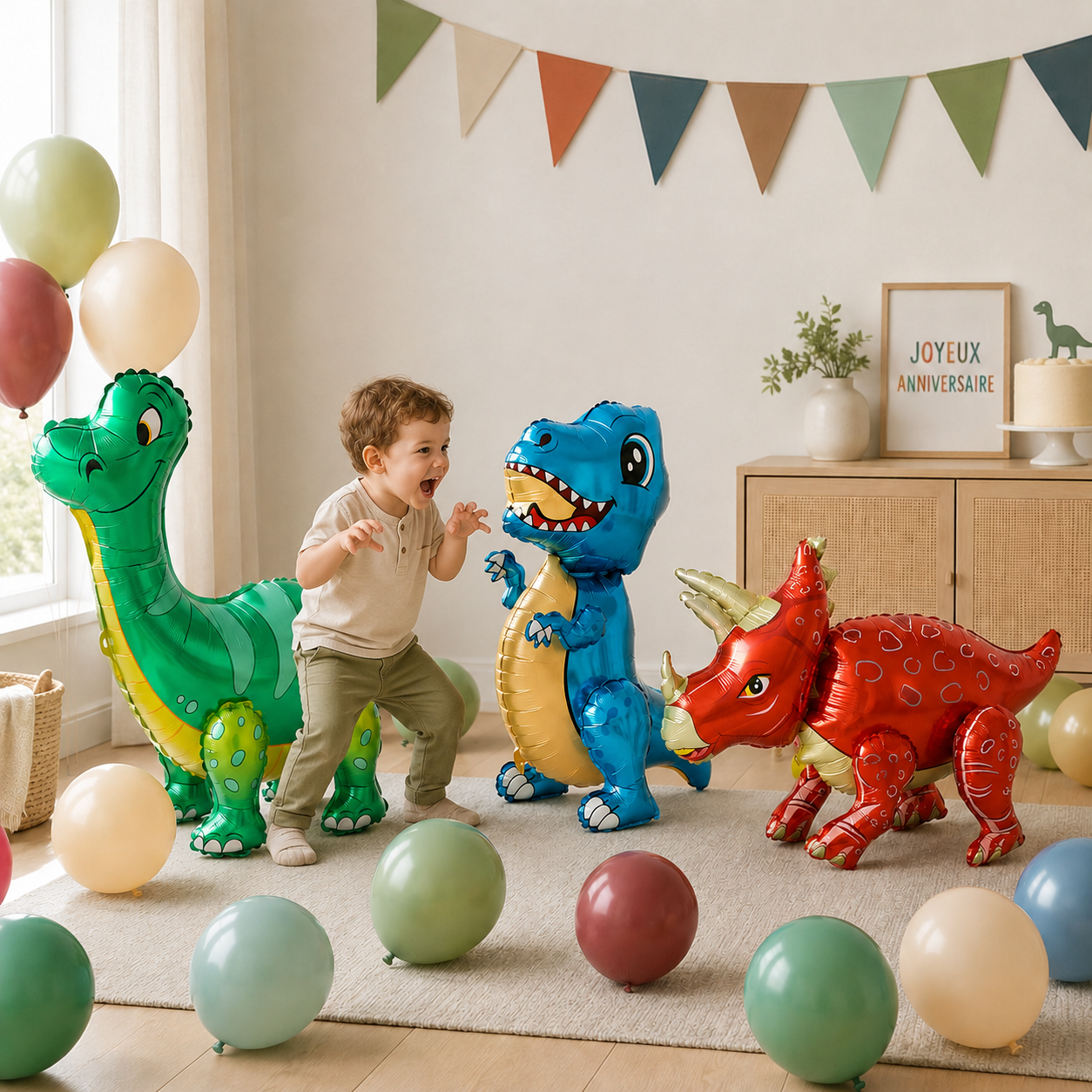 garcon joue ballon anniversaire dinosaures vert bleu orange salon ballon plancher banderole
