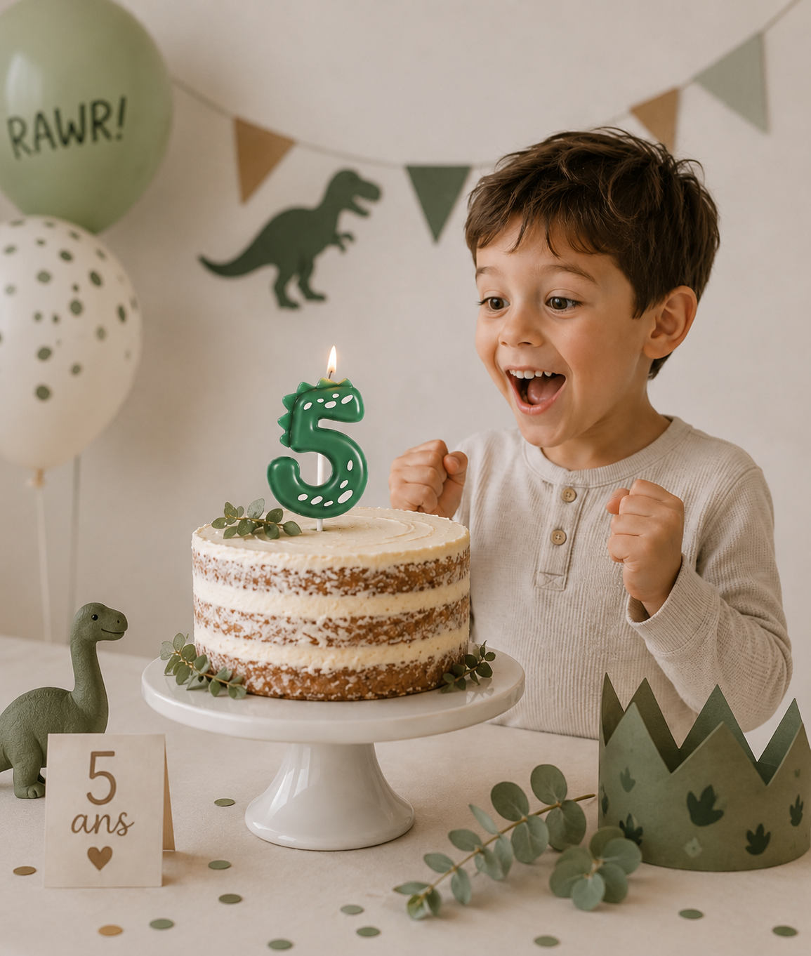 garcon souriant gateau bougie anniversaire 5 dinosaure banderole ballon