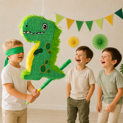garcons jouent pinata dinosaure vert bandeau yeux sourire