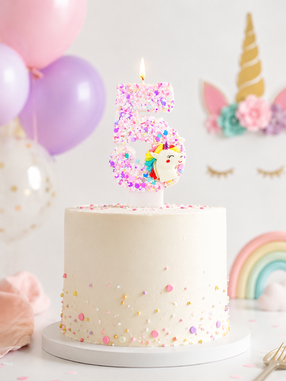 gateau bougie anniversaire 5 licorne paillette ballons