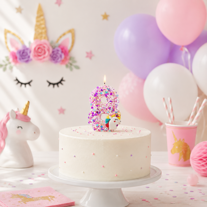 gateau bougie anniversaire 8 licorne paillette ballons backdrop licorne