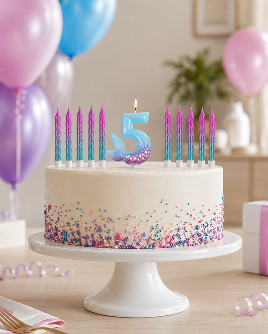 gateau bougie anniversaire sirene 5 ballons mauve bleu