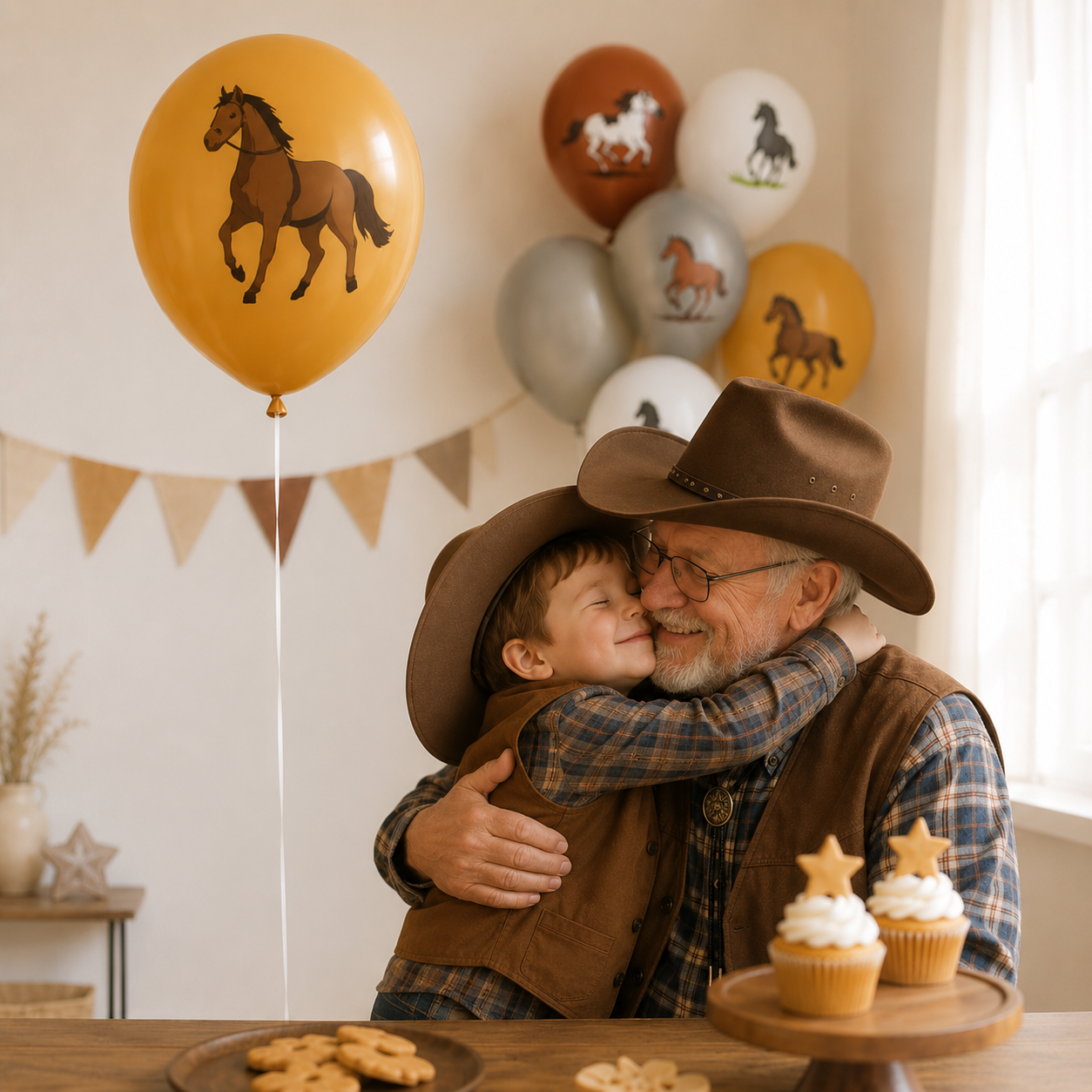 grand pere avec petit fils chapeau cowboy ballon anniversaire cheval cupcakes