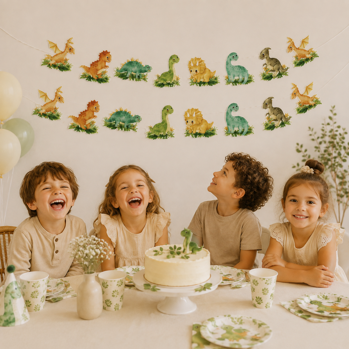 guirlande dinosaure enfants souriant table thematique dinosaure gateau