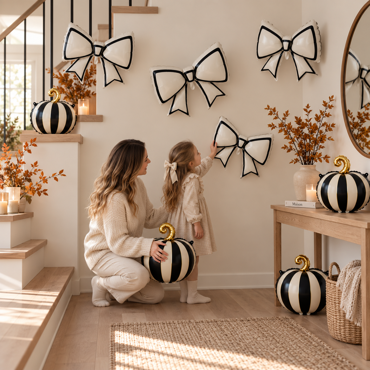 mere fille decor halloween ballons halloween noeuds citrouilles rayes noir creme