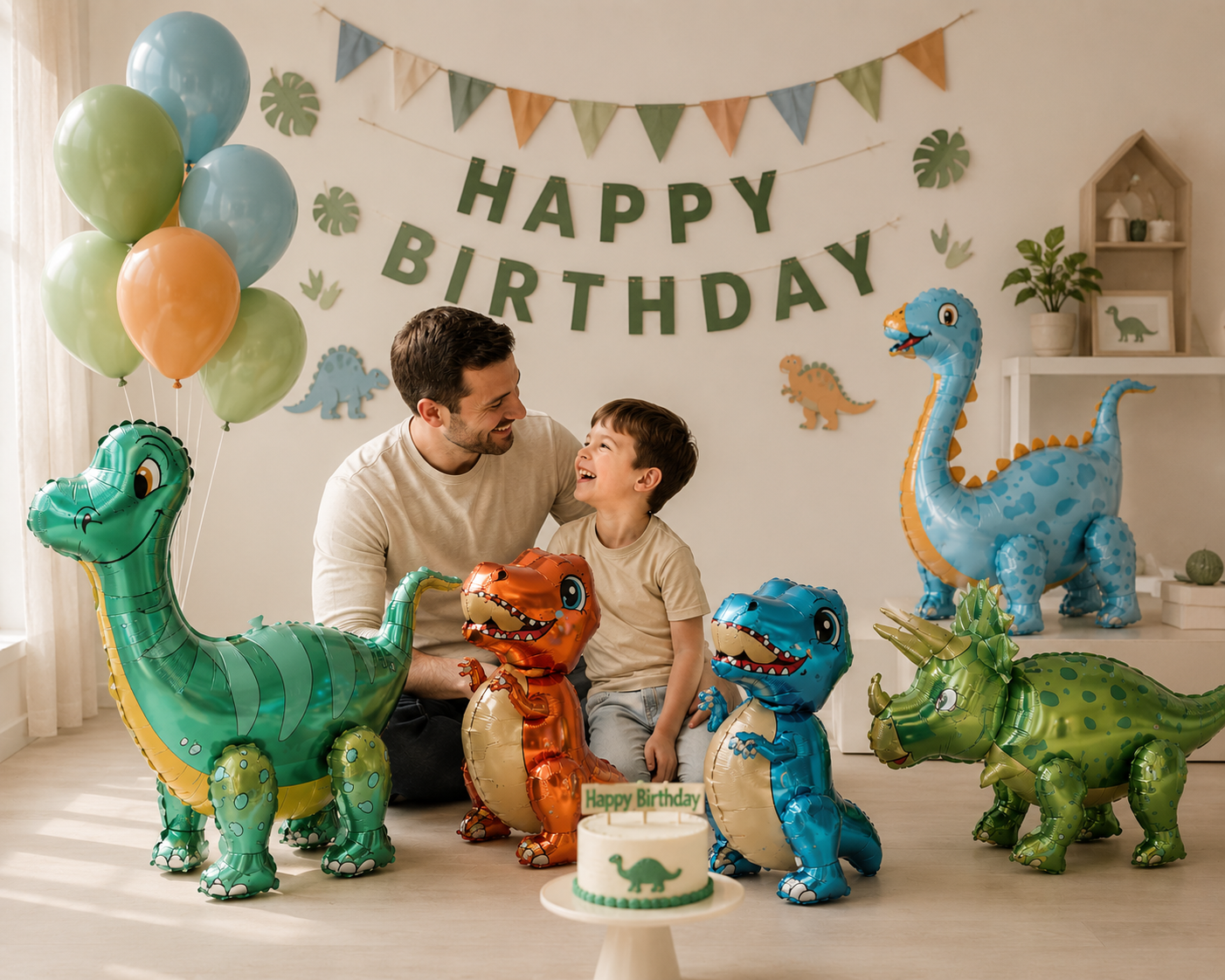 papa fiston salon ballon anniversaire dinosaure colore banderole gateau