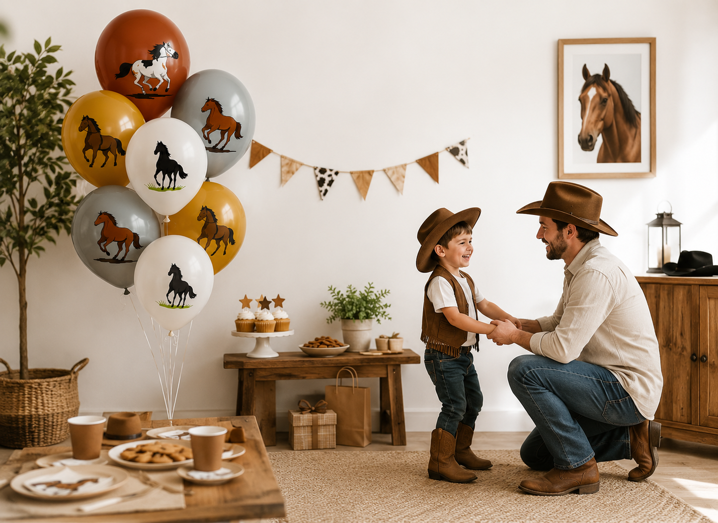 pere fils anniversaire cowbow ballon anniversaire cheval helium table desserts
