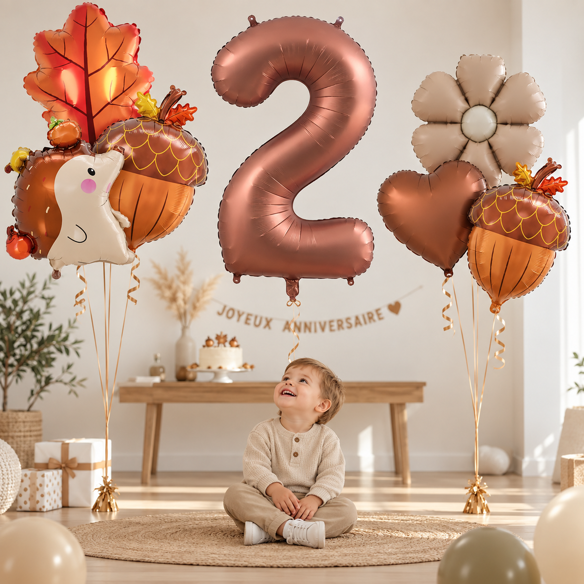 petit garcon assis souraint bouquet helium ballons anniversaire herisson