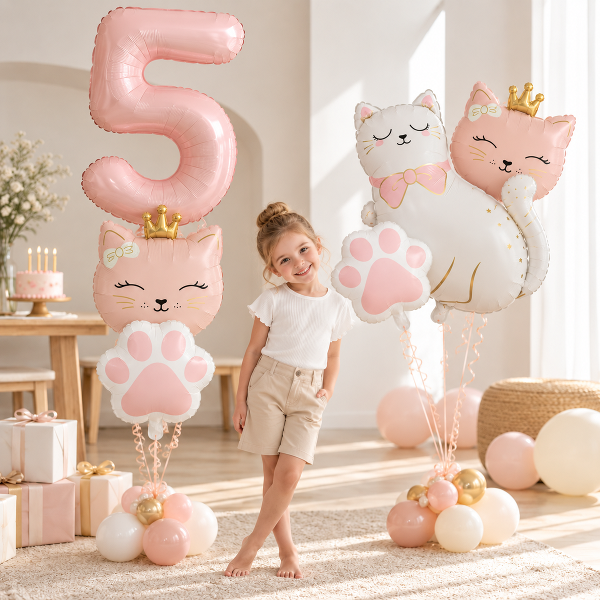 petite fille bouquet helium ballons anniversaire chat princesse