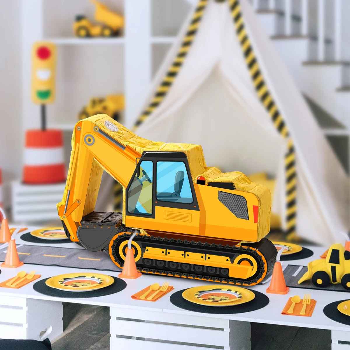 pinata camion jaune tente table assiette