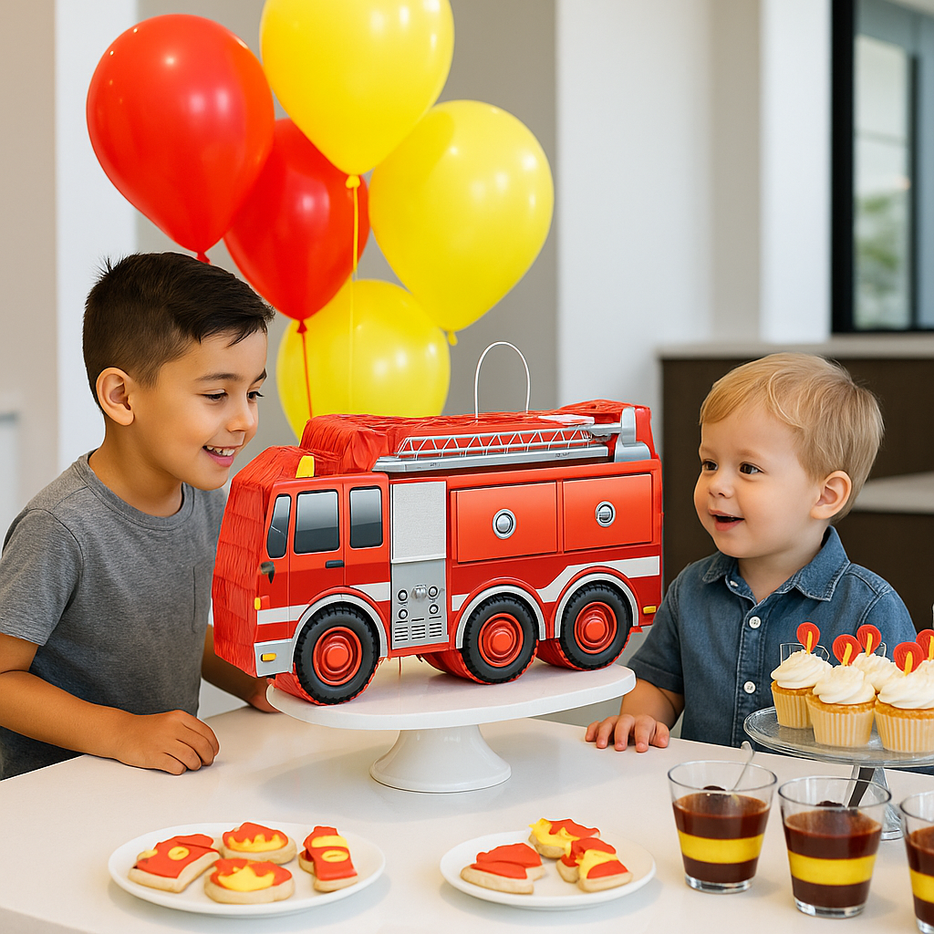 pinata camion pompier table dessert ballons rouge jaune