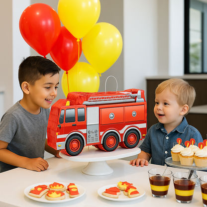 pinata camion pompier table dessert ballons rouge jaune