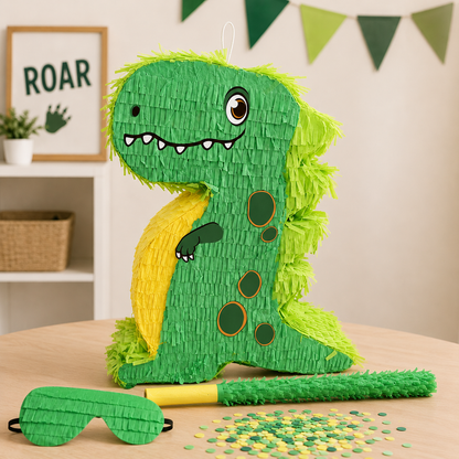 pinata dinosaure vert banderole confetti ballons thematique dinosaure1
