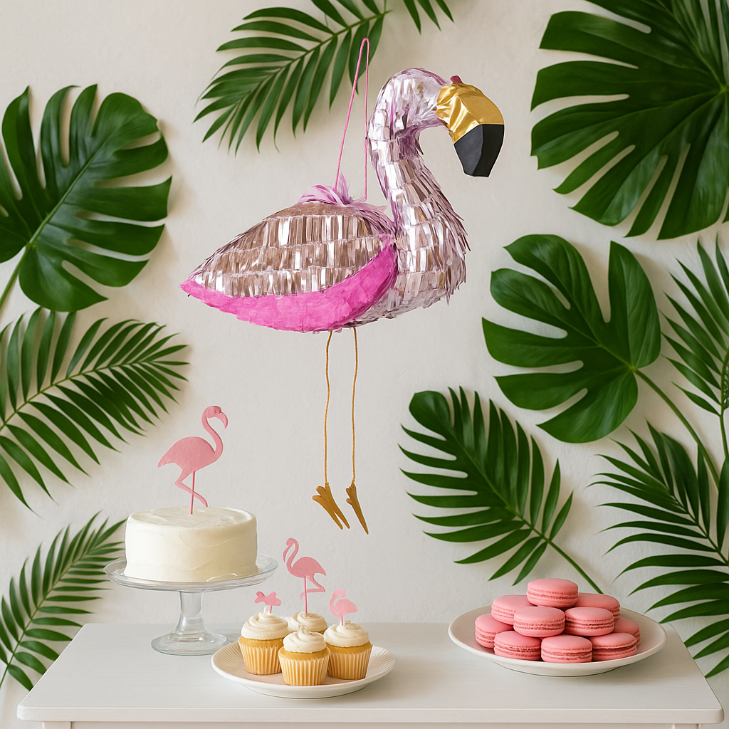 pinata flammant rose table dessert cupcakes gateau feuillage