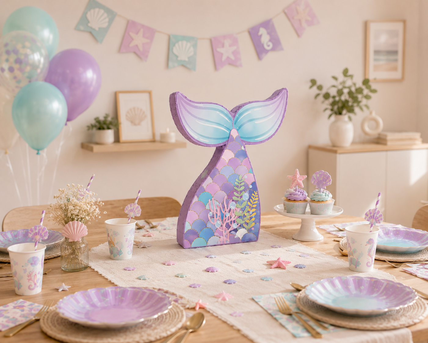 pinata queue sirene decoration table ballons cupcakes banderole