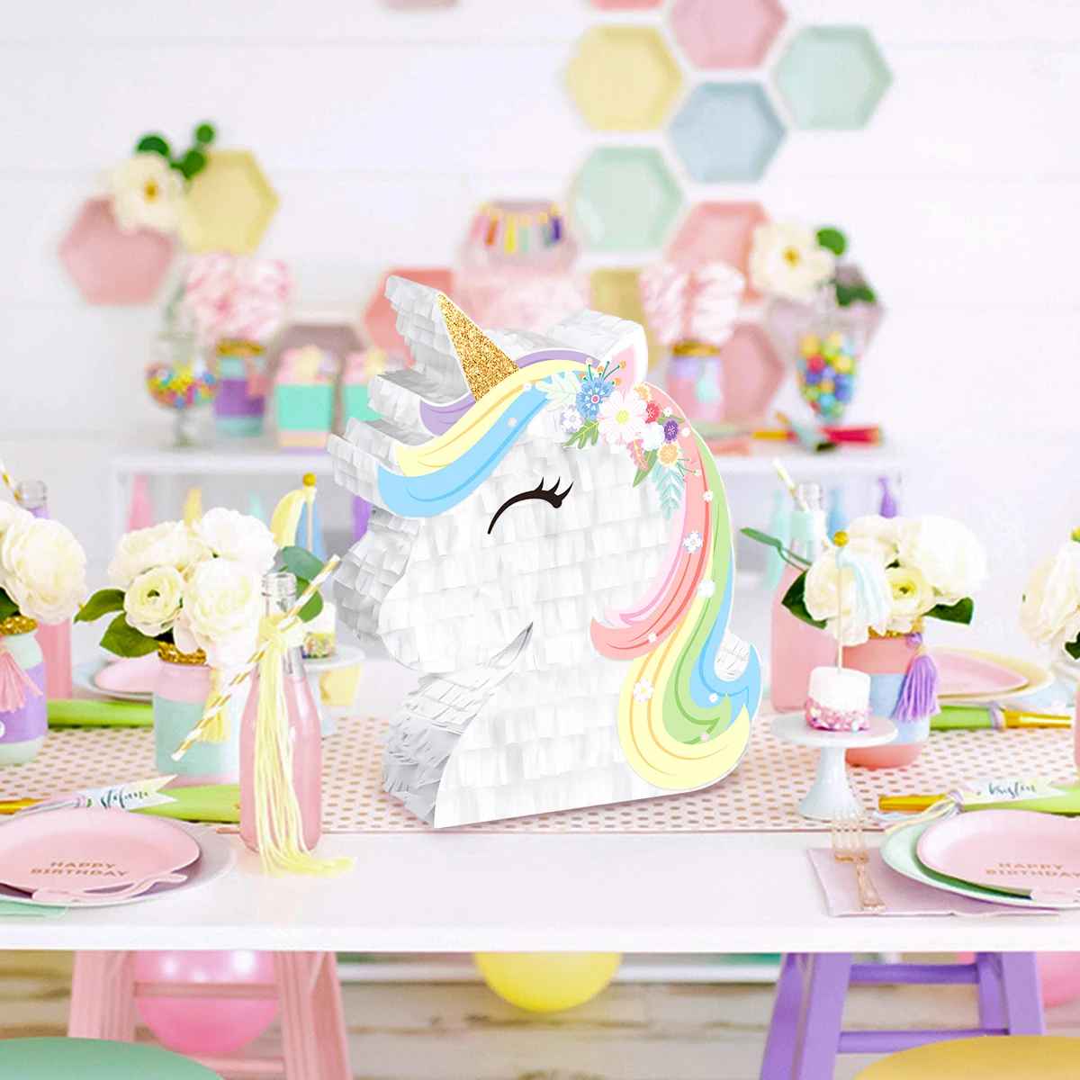 pinata tete licorne table fleurs couleur pastelle